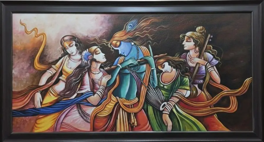 Krishna and Gopis Painting, framed