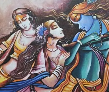 Krishna and Gopis Painting, brushwork detail