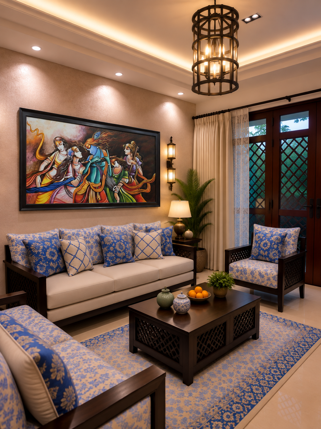 Krishna and Gopis Painting shown in a room setting