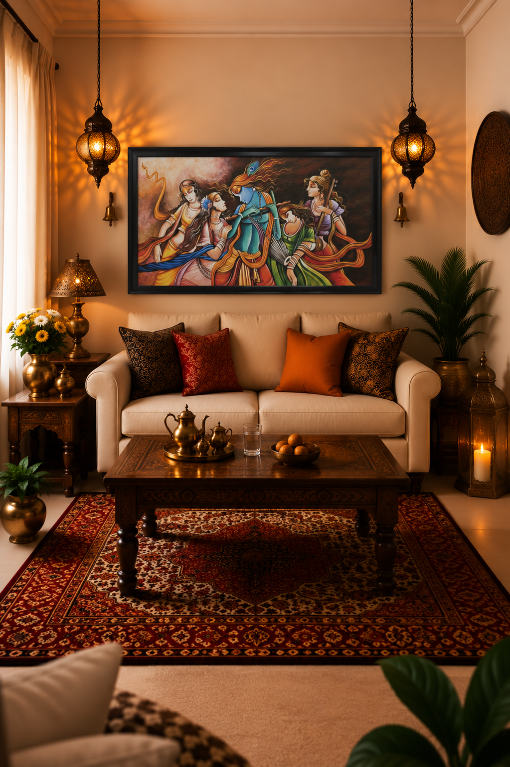 Krishna and Gopis Painting shown in a room setting