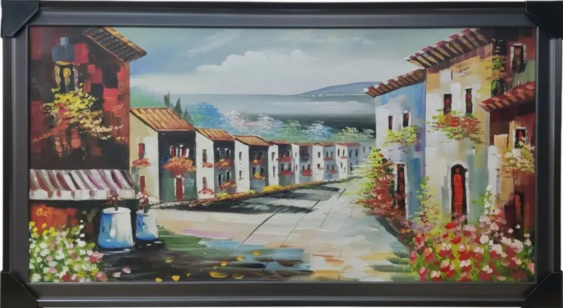 Mediterranean Village Scene Canvas, framed