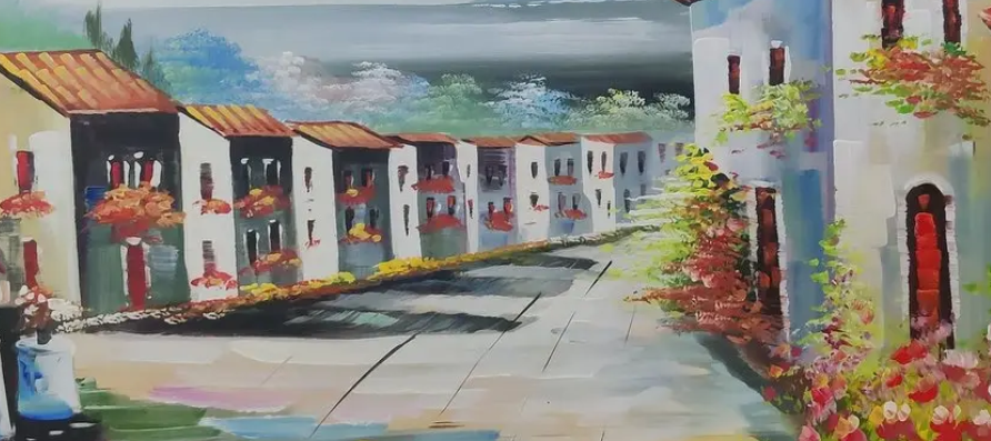 Mediterranean Village Scene Canvas, brushwork detail