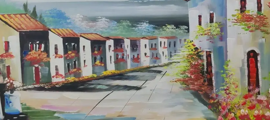 Mediterranean Village Scene Canvas, brushwork detail