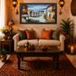 Mediterranean Village Scene Canvas shown in a room setting