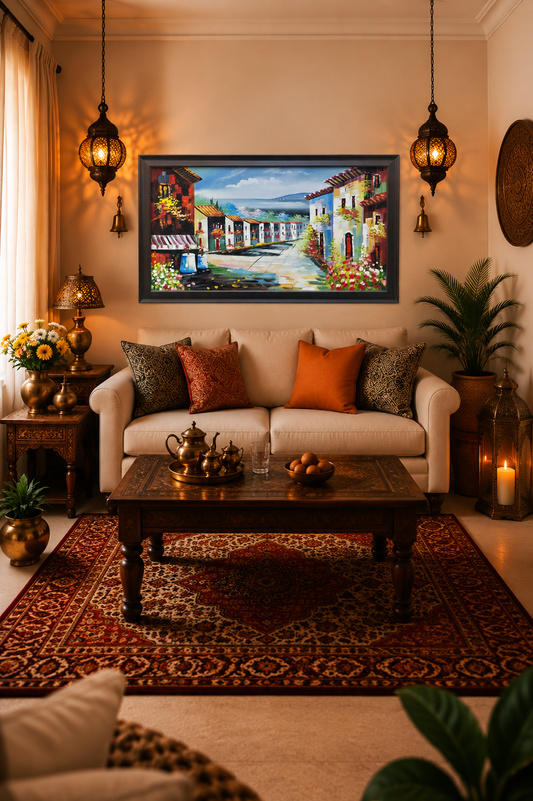 Mediterranean Village Scene Canvas shown in a room setting