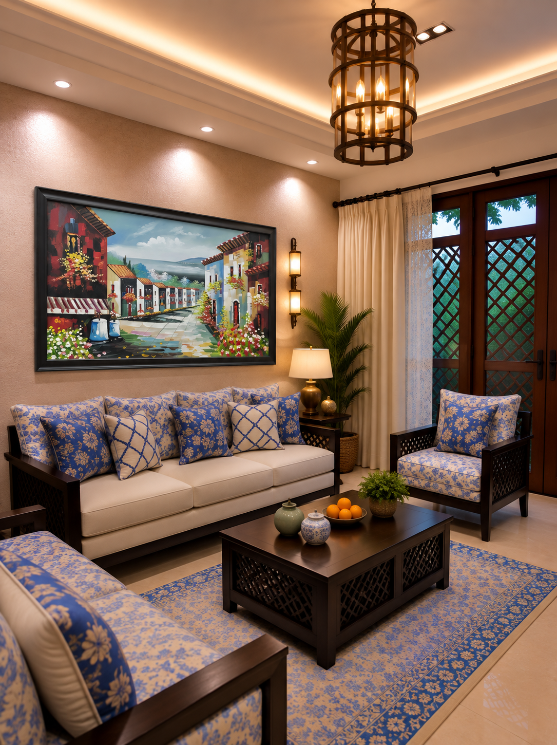 Mediterranean Village Scene Canvas shown in a room setting