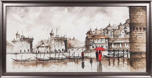 Rainy Cityscape River Scene, framed