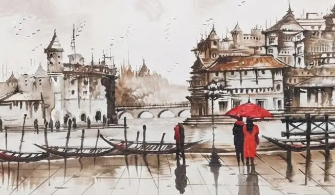 Rainy Cityscape River Scene, brushwork detail