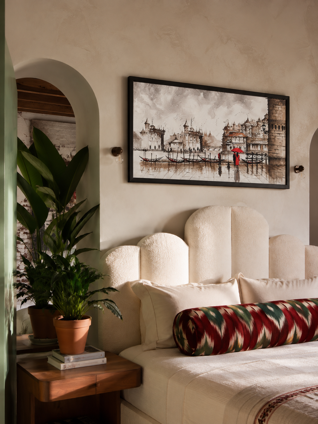 Rainy Cityscape River Scene shown in a room setting