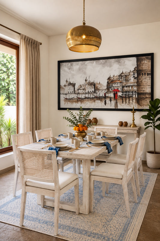 Rainy Cityscape River Scene shown in a room setting