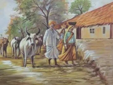 Rural Indian Village Scene, brushwork detail