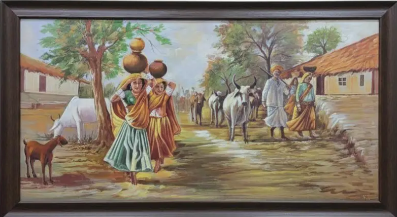 Rural Indian Village Scene, framed