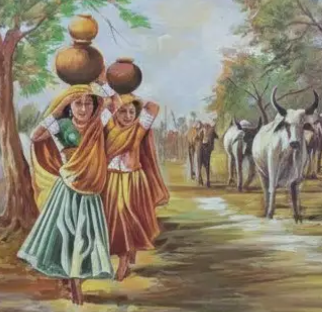 Rural Indian Village Scene, brushwork detail