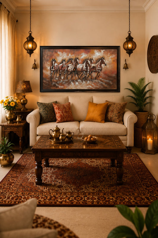 Rushing Horses Oil Painting shown in a room setting