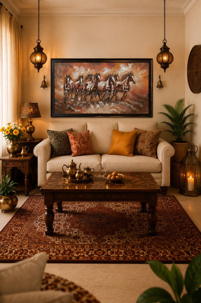 Rushing Horses Oil Painting shown in a room setting