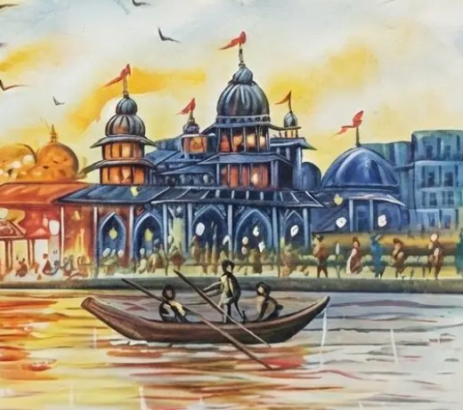 Serene Ganges River Landscape, brushwork detail