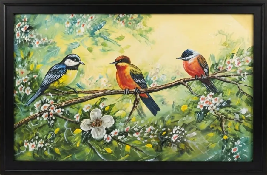 Three Birds Cherry Blossom, framed