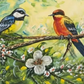 Three Birds Cherry Blossom, brushwork detail