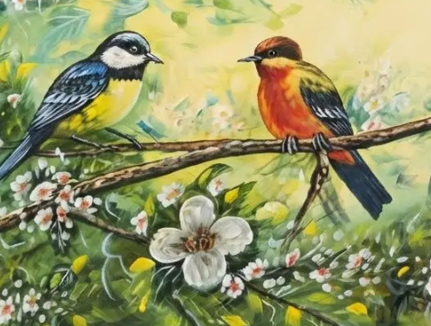 Three Birds Cherry Blossom, brushwork detail