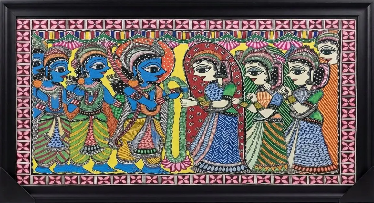 Traditional Indian Madhubani Art, framed