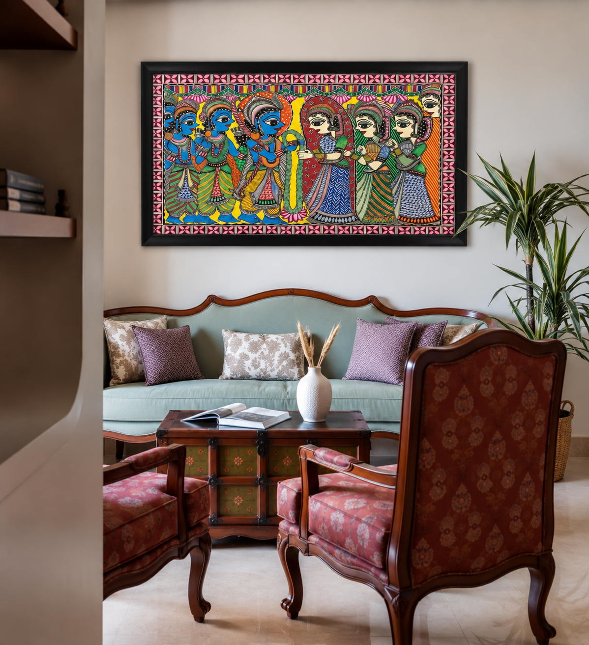 Traditional Indian Madhubani Art shown in a room setting