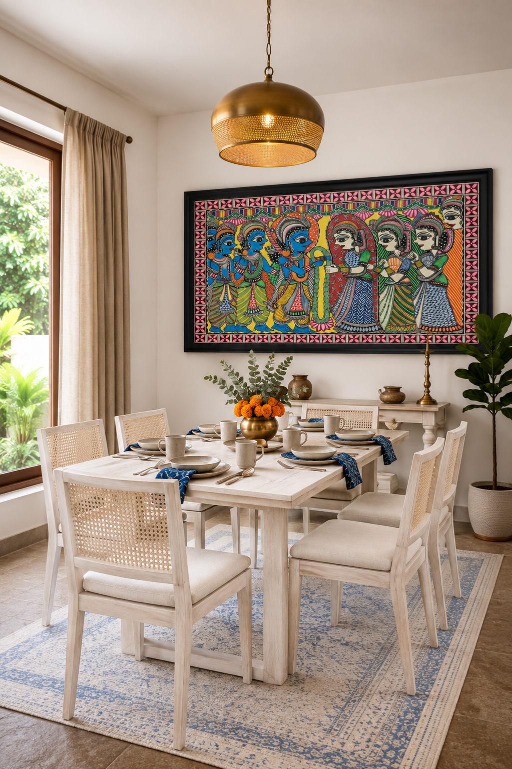 Traditional Indian Madhubani Art shown in a room setting