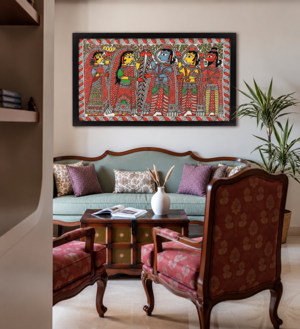 Traditional Indian Mithila Artwork shown in a room setting