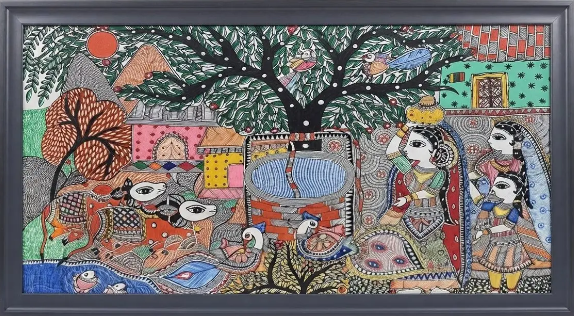 Traditional Indian Village Scene, framed