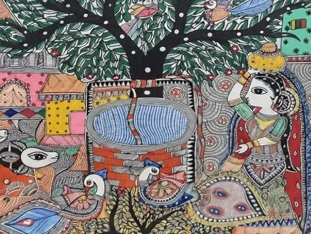 Traditional Indian Village Scene, brushwork detail