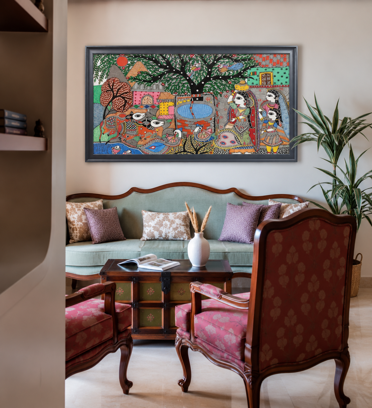 Traditional Indian Village Scene shown in a room setting