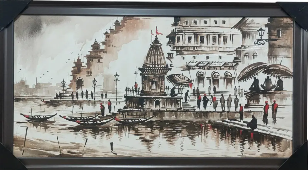 Varanasi Cityscape Watercolor, framed