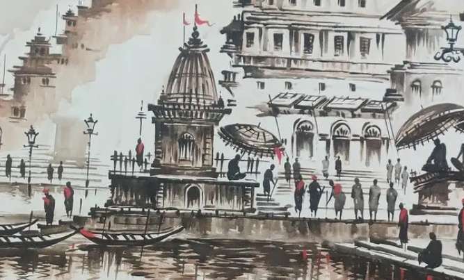 Varanasi Cityscape Watercolor, brushwork detail