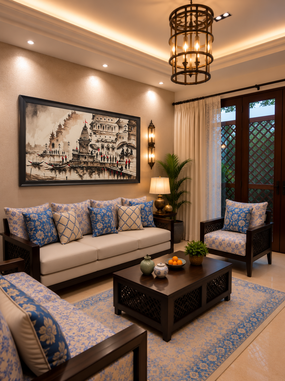 Varanasi Cityscape Watercolor shown in a room setting