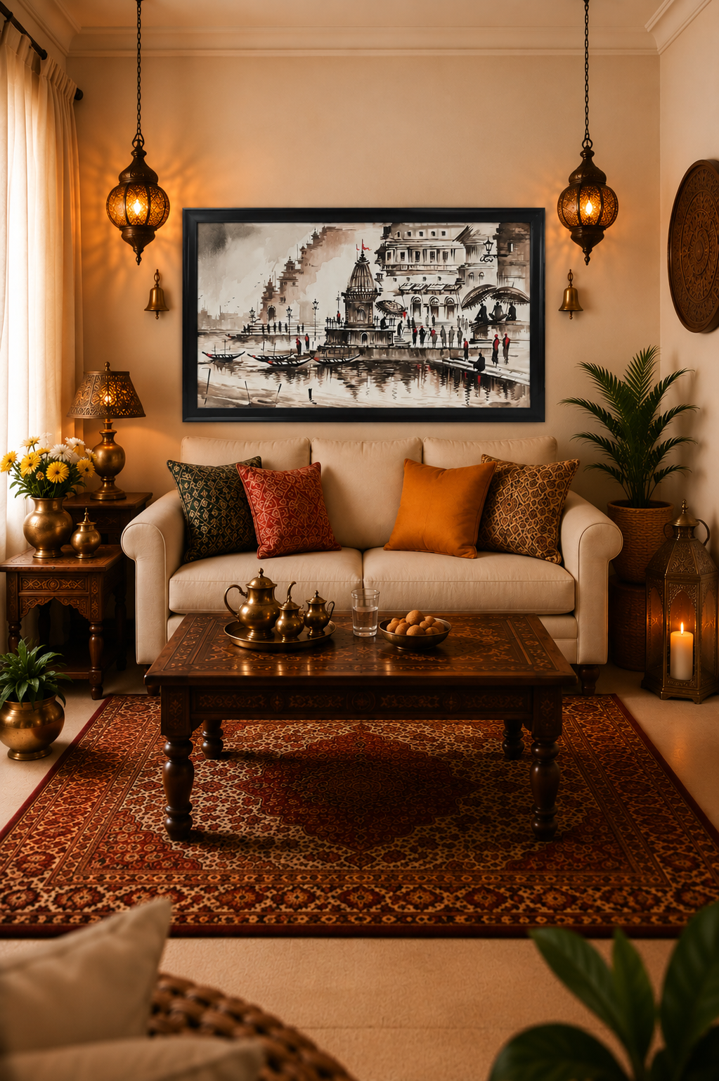 Varanasi Cityscape Watercolor shown in a room setting