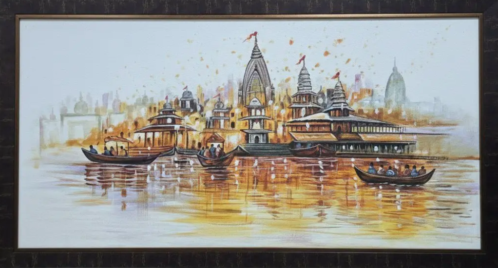 Varanasi River Scene Painting, framed