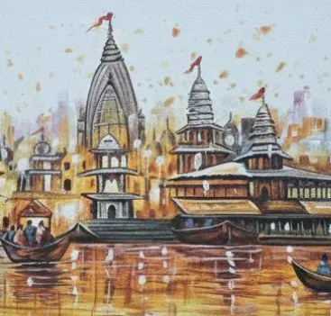 Varanasi River Scene Painting, brushwork detail
