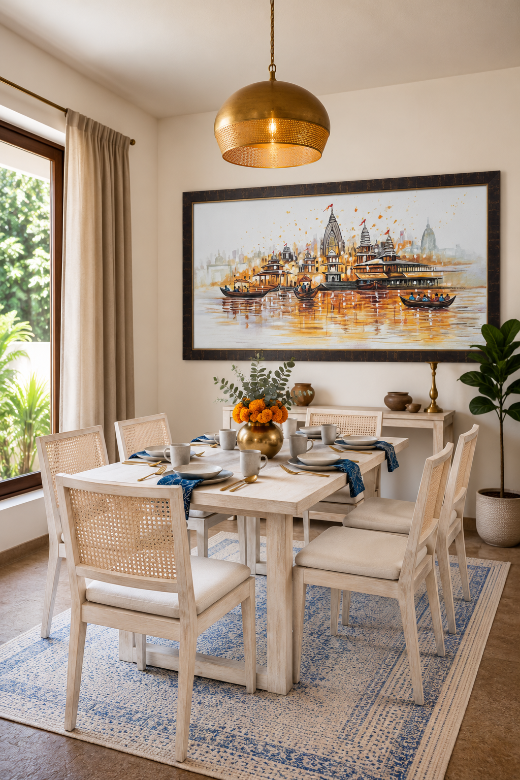 Varanasi River Scene Painting shown in a room setting