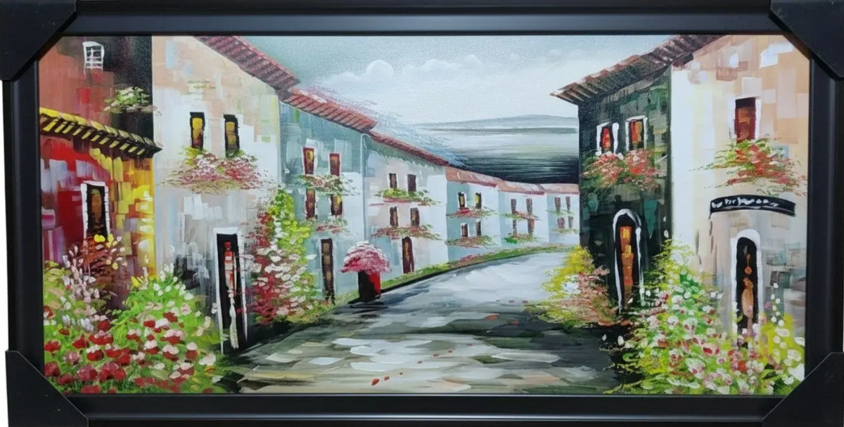 Village Street Painting, framed