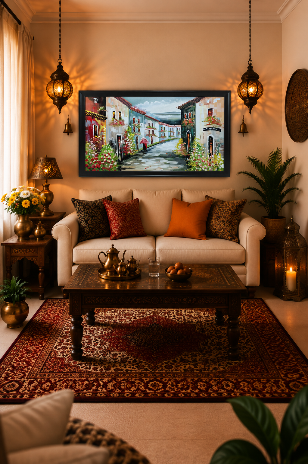 Village Street Painting shown in a room setting