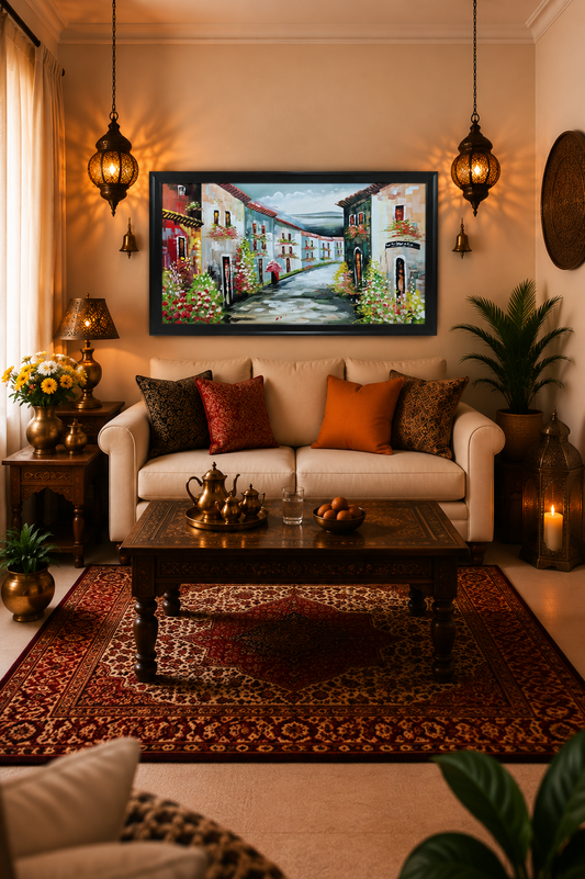 Village Street Painting shown in a room setting