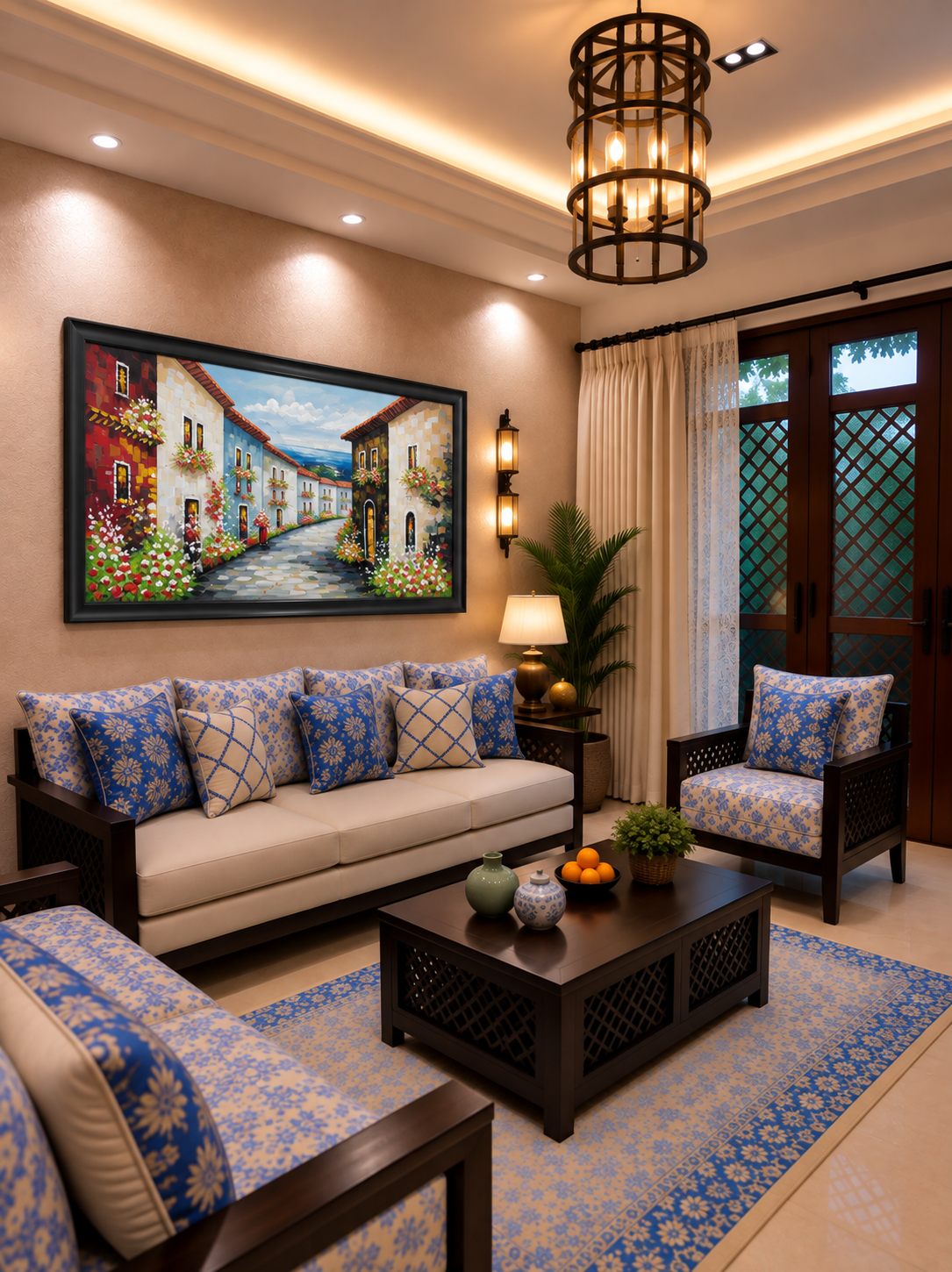 Village Street Painting shown in a room setting