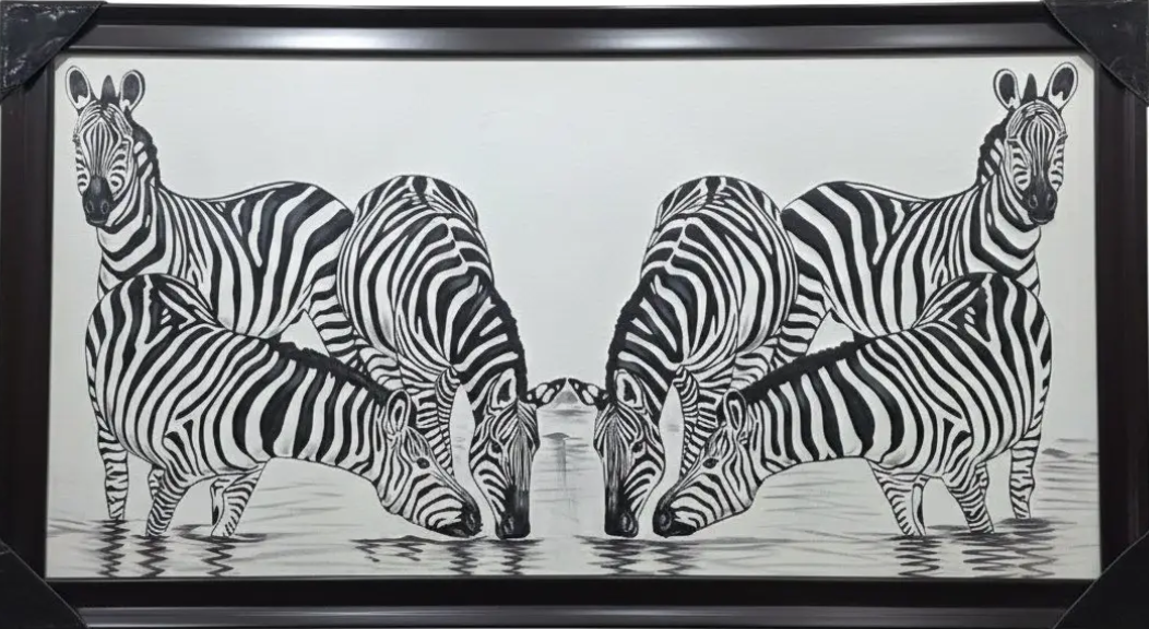 Zebra Waterhole Painting, framed