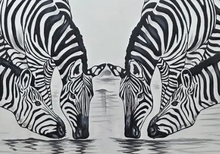 Zebra Waterhole Painting, brushwork detail