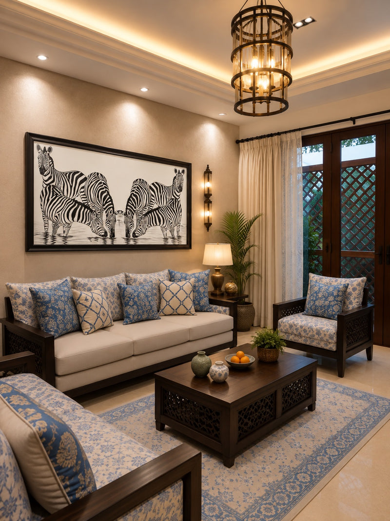 Zebra Waterhole Painting shown in a room setting