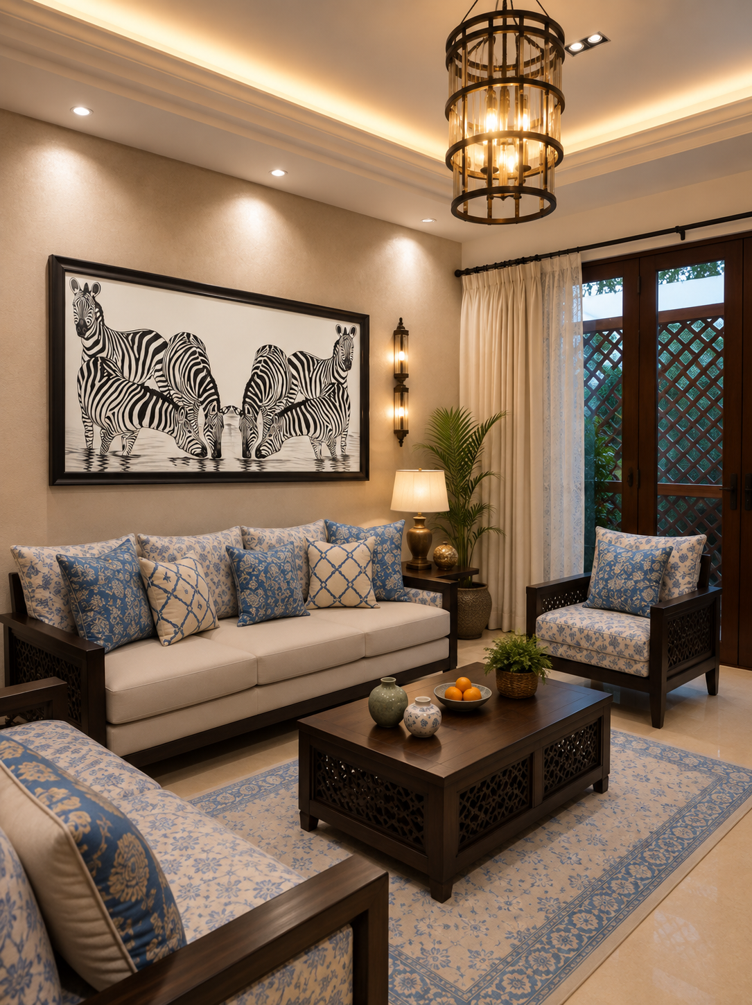 Zebra Waterhole Painting shown in a room setting