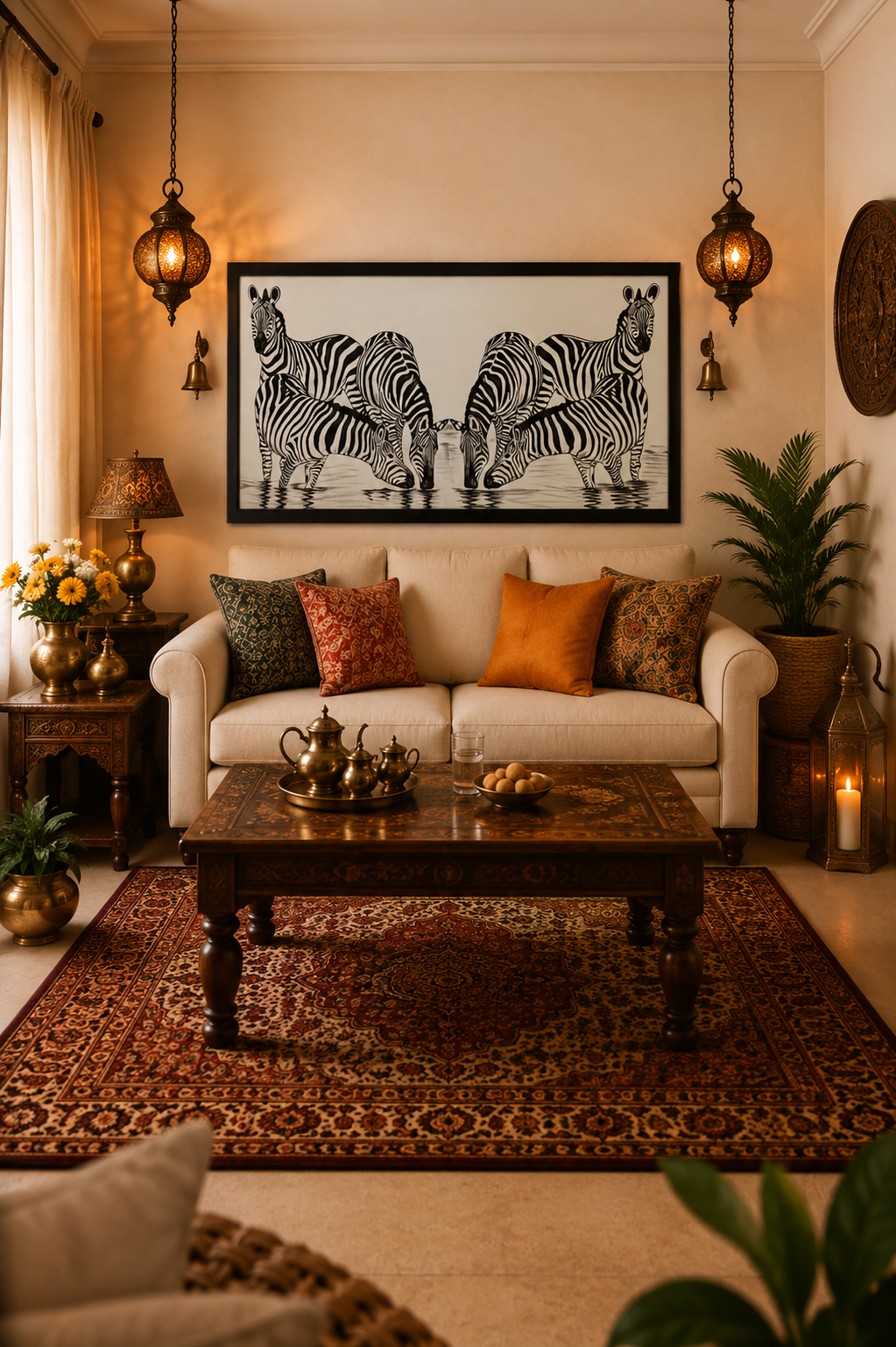 Zebra Waterhole Painting shown in a room setting